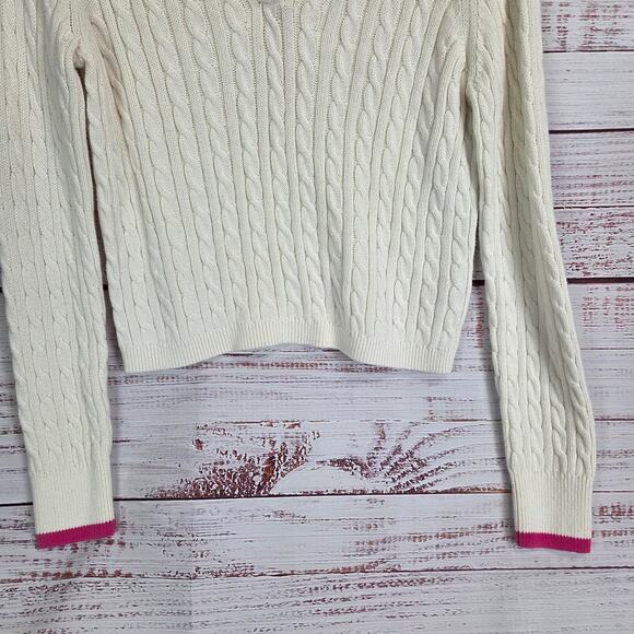 Nicole Miller White Pink Stripe Polo Cable Knit Sweater M Prep School Girl Lux - Picture 4 of 9